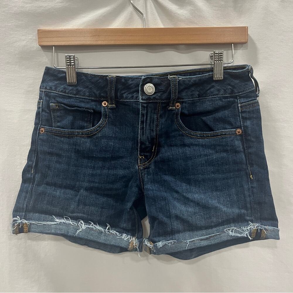 American Eagle Super Stretch Midi Denim Shorts Womens Size 4 Dark Wash Raw Hem